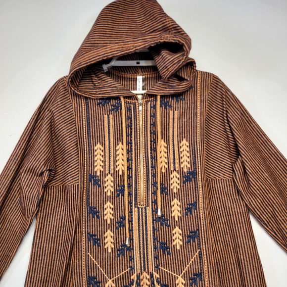 MUR MUR Hoodie Womens Small Brown Navy Embroidered Boho Tunic Cotton Boho Rustic - Picture 5 of 12